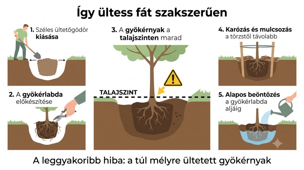 Lépésről lépésre ábra a fa helyes ültetéséről: ültetőgödör, gyökérnyak a talajszinten, karózás, mulcsozás és beöntözés
