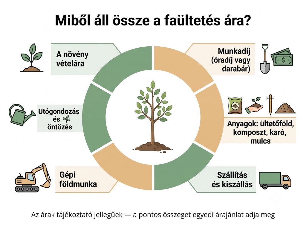 Infografika: miből áll össze a faültetés ára — munkadíj, anyagok, szállítás, gépi munka és utógondozás