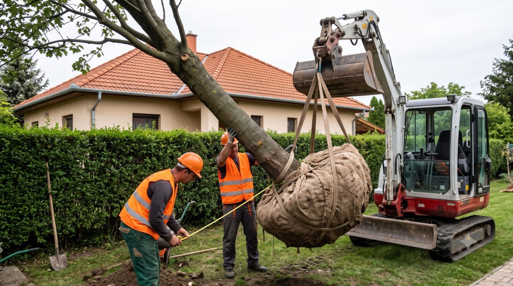 Idős fa átültetése: kiemelt gyökérlabda jutazsákban, munkagép és szakemberek egy kertes ház udvarán