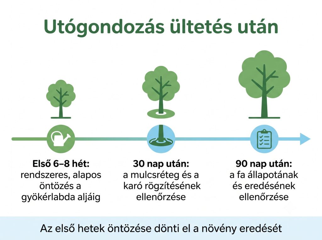 Infografika az ültetés utáni utógondozásról: öntözés az első hetekben, mulcs és karó ellenőrzése 30 és 90 nap után